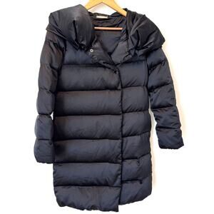 DVF Goose Down Black Satin Zona Puffer Zip Hood Coat Size P